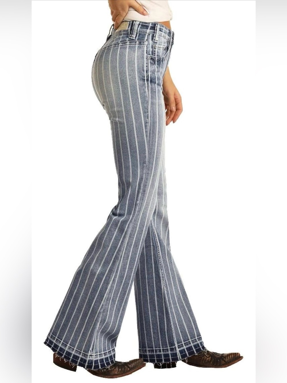 Rock & Roll Stripe High-Rise Flare Jeans in Blue